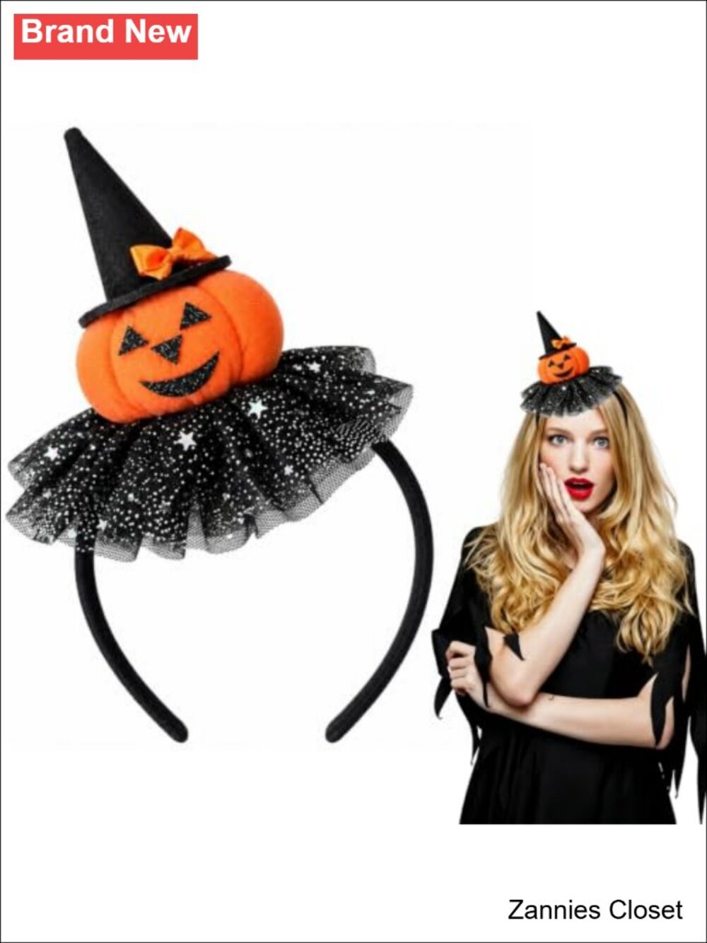👻 Halloween Pumpkin Plush Witch Hat Headband Glitter Tulle Hair Accessory